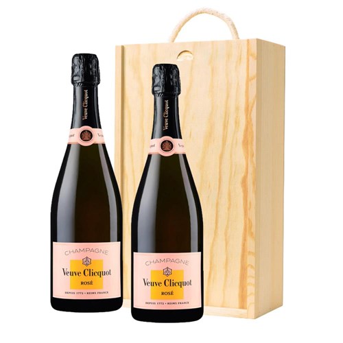 Veuve Clicquot Rose Label 75cl Double Pine Wooden Gift Boxed (2x75cl)